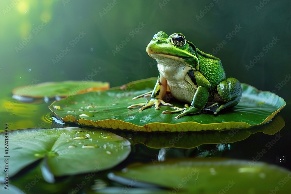 A green frog sits serenely on a lily pad, surrounded by tranquil water, showcasing its vibrant colors and calm demeanor. Entrepreneurial Frog, Patience and Strategy for Business Success A green frog sits serenely on a lily pad, surrounded by tranquil water, showcasing its vibrant colors and calm demeanor. Entrepreneurial Frog, Patience and Strategy for Business Success