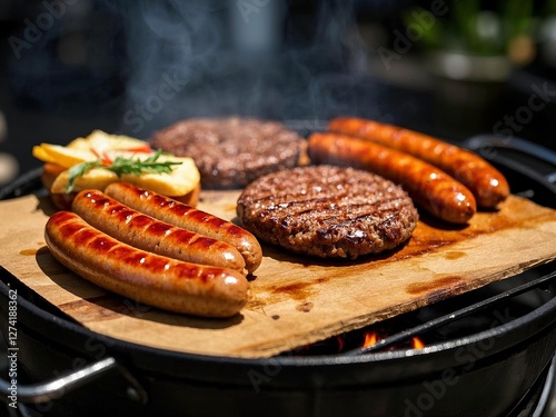grilled meat and sausages on the grill