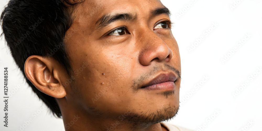 Fototapeta premium Portrait of thoughtful man in studio setting close-up photography neutral background natural light emotional expression