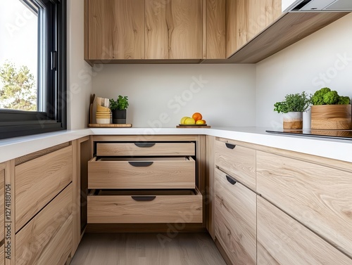 RV kitchen with minimalist pullout drawers and a seamless countertop