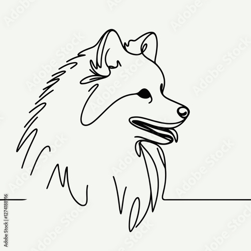 Minimalist one-line drawing of a fluffy Spitz dog