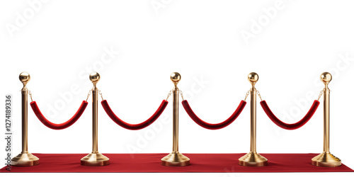 A red carpet with velvet red ropes on golden posts at each end, front view, against a transparent background. Generative ai