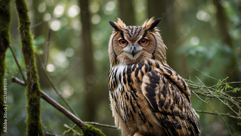 Naklejka premium Owl sit in a branch tree and looking on the the camera on forest