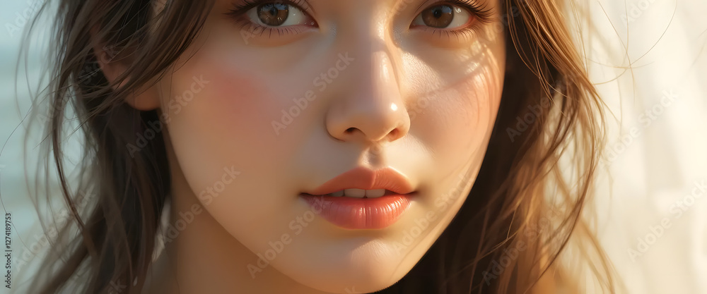 Fototapeta premium Intimate close-up portrait of a young woman natural light beauty photography outdoor setting soft focus emotion expression