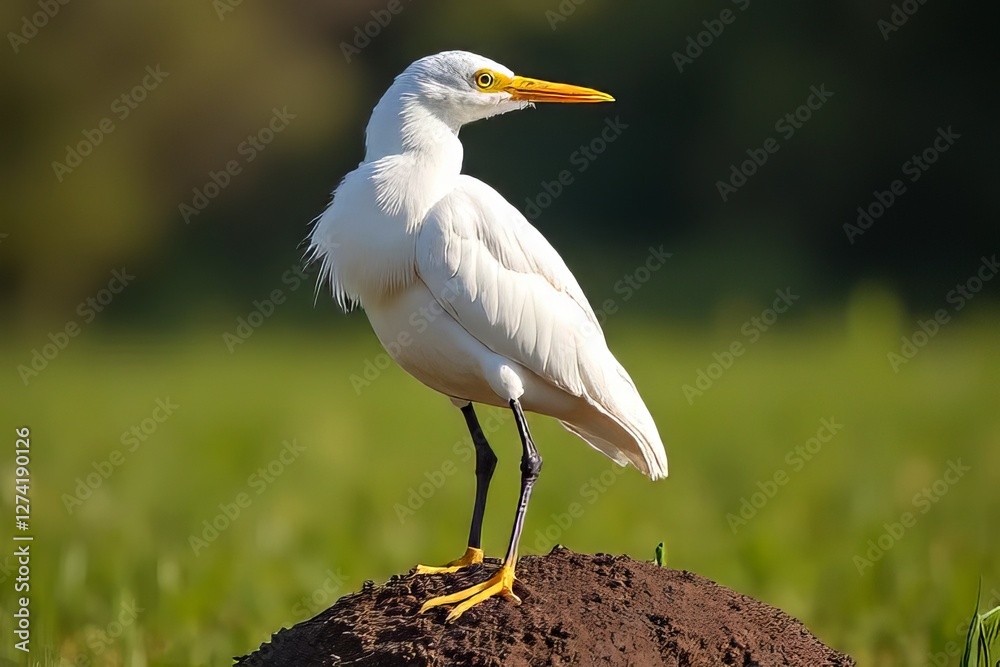 Beautiful White Heron Perched on a Mound in a Field Beautiful White Heron Perched on a Mound in a Field
