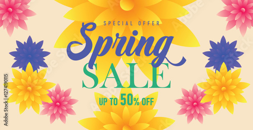 Spring sale web banner greeting card background. Super sale spring season background with colorful flowers. Spring special offer with bloom flowers for the holiday season