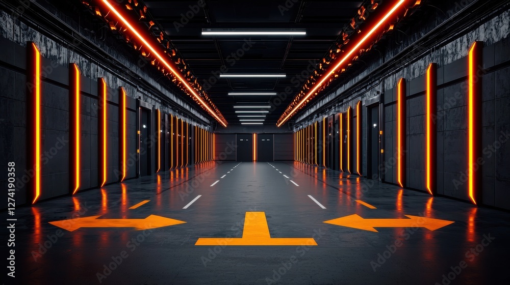 Fototapeta premium Illuminated navigation in modern underground car park urban setting visual showcase contemporary design futuristic concept