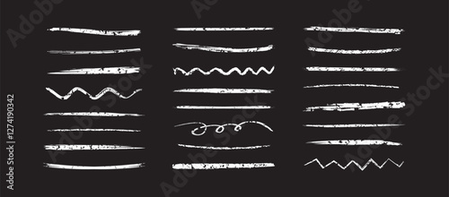 Chalk line, pencil underline, white paint brush, grunge texture. Crayon highlight icon, cartoon pastel set, scribble wave hand drawn, charcoal mark on blackboard. Vector illustration