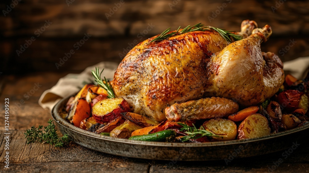A perfectly cooked roast chicken with vegetables and gravy on