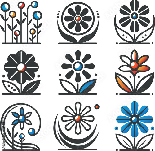 Sammlung Blumen Blüten Symbole in abstrakter Form, Vektor Blumen Symbole, schwarz und weiß Silhouette Illustration, Ideal für Dekoration, Logos und Designprojekte. 