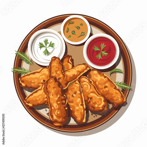 Crispy Indian Pakoras with Dipping Sauces – Vector Illustration