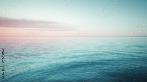 Serene coastal sunset over calm waters reflecting soft pastel colors with gentle waves