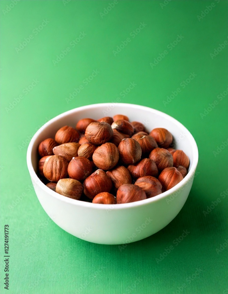 Close up photo of hazelnuts on a white bowl with plain soft green background Close up photo of hazelnuts on a white bowl with plain soft green background