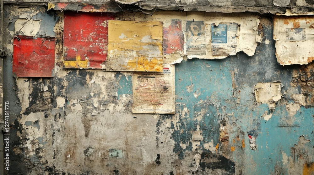 Naklejka premium Weathered wall with peeling posters and vibrant colors, showcasing urban decay in a city setting