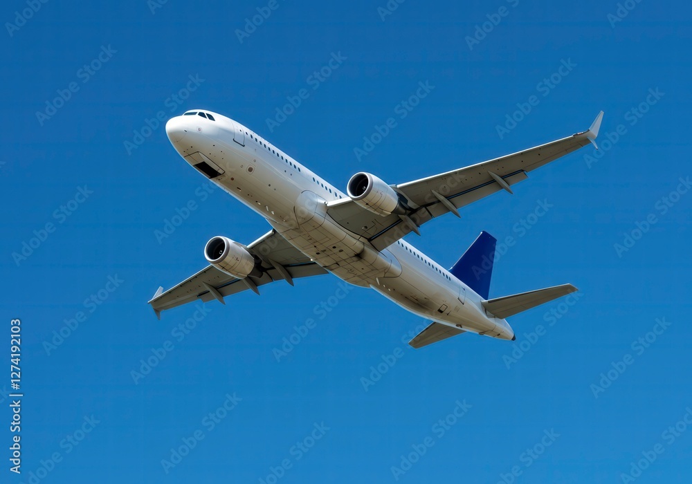 Commercial Airplane Soaring Through a Clear Blue Sky, Symbolizing Travel and Aviation Freedom Commercial Airplane Soaring Through a Clear Blue Sky, Symbolizing Travel and Aviation Freedom