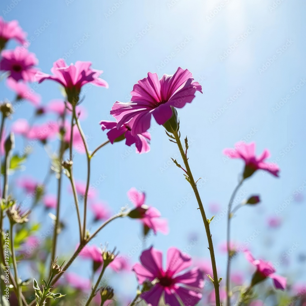 Wild dianthus flowers swaying in the breeze with sunshine, flowers, wind Wild dianthus flowers swaying in the breeze with sunshine, flowers, wind