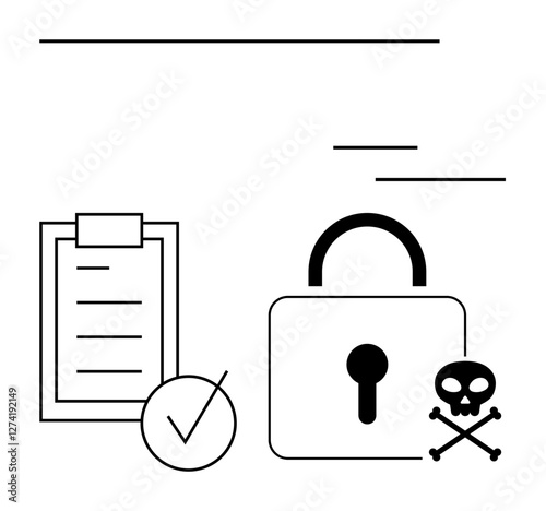 Padlock represents security, checklist implies compliance, skull with crossbones symbolizes danger. Ideal for data protection, online threats, compliance, safety, risk management, cautionary