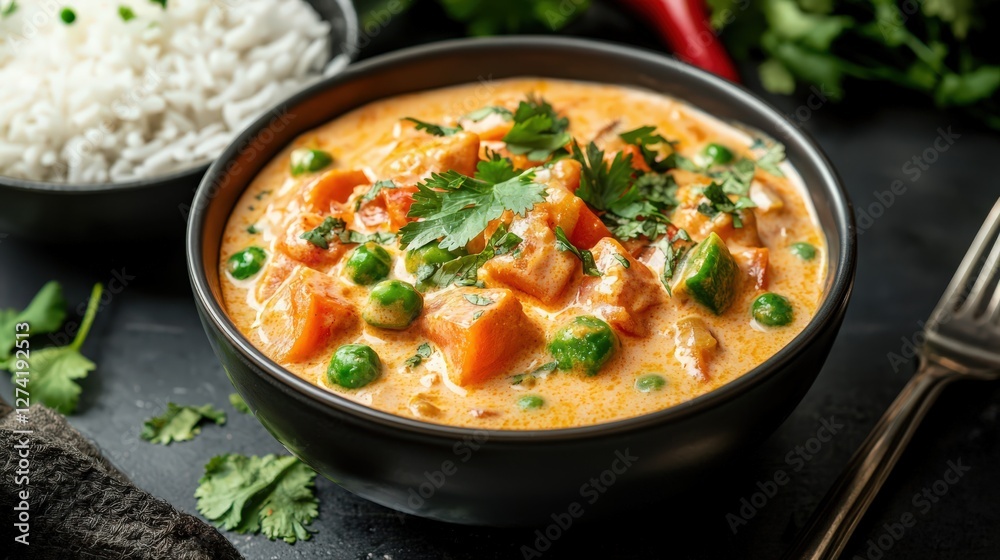 A bowl of creamy coconut curry with rice and vegetables A bowl of creamy coconut curry with rice and vegetables