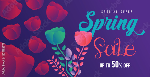 Spring sale web banner greeting card background. Super sale spring season background with colorful flowers. Spring special offer with bloom flowers for the holiday season