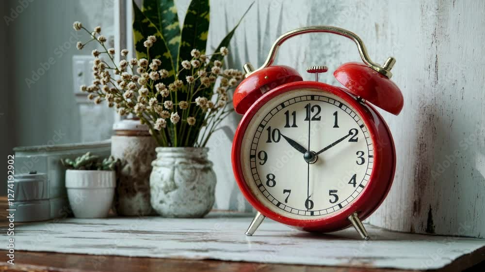 Vintage red alarm clock on rustic wooden table, captured at eye level. The scene evokes nostalgia, suitable for a time-lapse video concept.