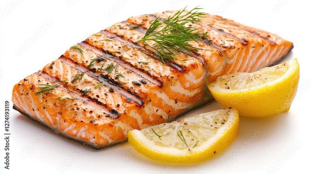 A perfectly grilled salmon fillet with lemon and dill A perfectly grilled salmon fillet with lemon and dill