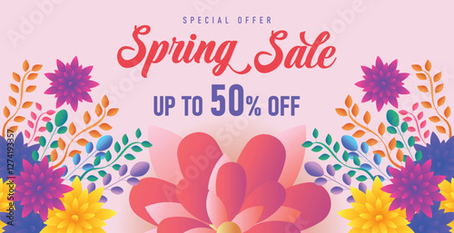 Spring sale web banner greeting card background. Super sale spring season background with colorful flowers. Spring special offer with bloom flowers for the holiday season