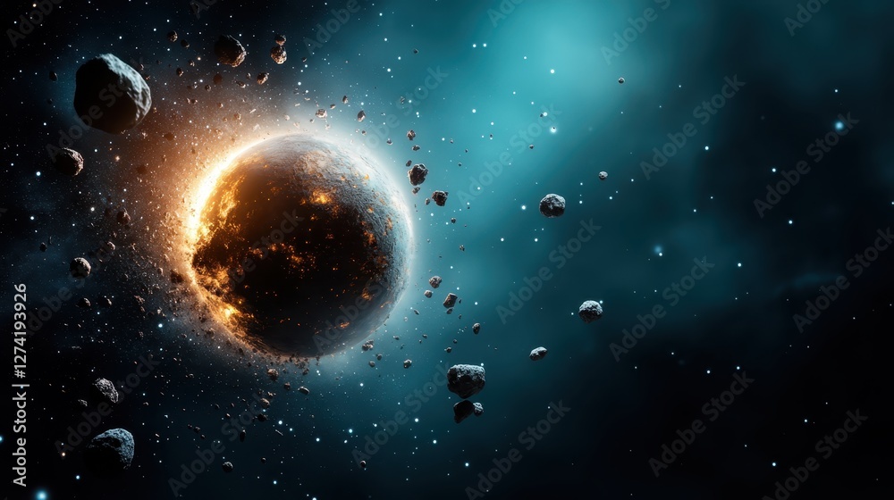 A stunning illustration of a planet undergoing a cataclysmic explosion amidst a backdrop of asteroids and stars, showcasing the power and beauty of cosmic destruction. A stunning illustration of a planet undergoing a cataclysmic explosion amidst a backdrop of asteroids and stars, showcasing the power and beauty of cosmic destruction.