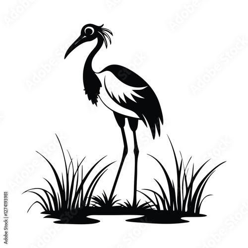 heron, icon symbol, crane - bird, bird, animal, black and white, water bird, egret, stork, beak, vector.