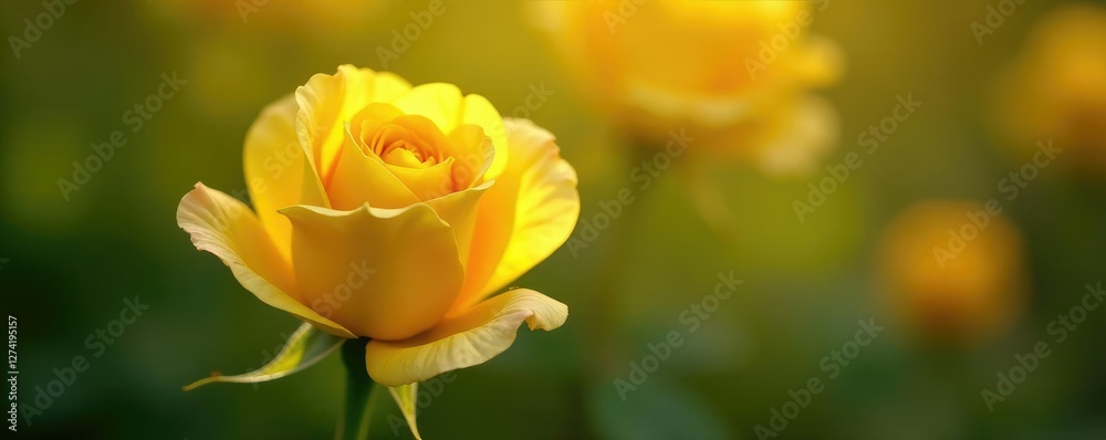 Fototapeta premium Sunny yellow petals unfolding from a delicate rose bud, sunshine, rose