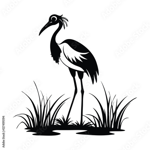 heron, icon symbol, crane - bird, bird, animal, black and white, water bird, egret, stork, beak, vector.