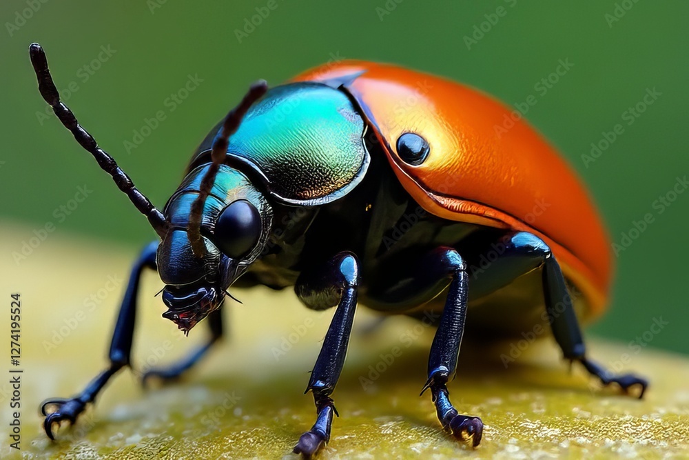 Naklejka premium Close-up of a Colorful Beetle with Vibrant Hues of Green, Orange, and Black