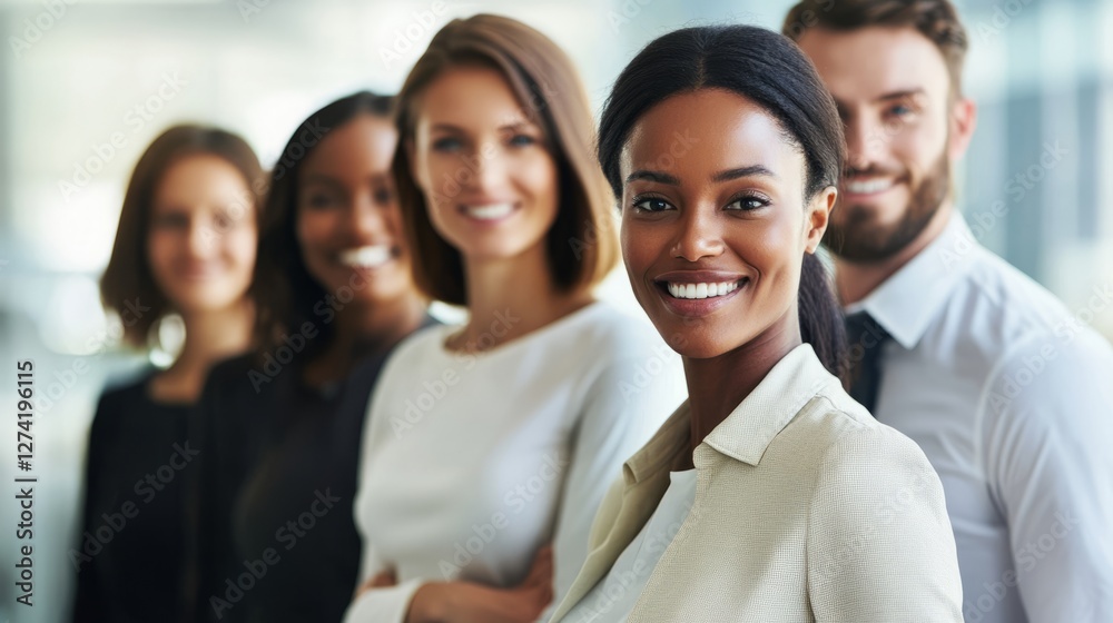 Obraz premium business, team, businessman, people, group, office, A group of professional elites stood together, smiling warmly and looking directly at the audience.