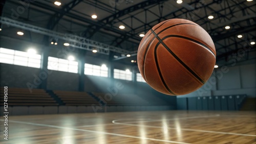 Perfect Basketball Mid Air Shot in a Modern Indoor Sports Arena with Dramatic Lighting