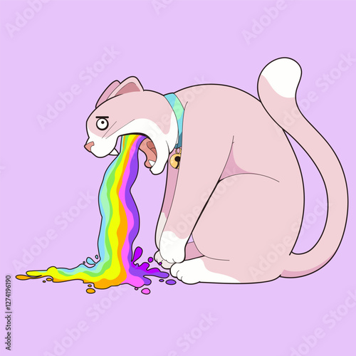 Vomit rainbow. Pink cat is vomiting rainbow. Vector illustration.