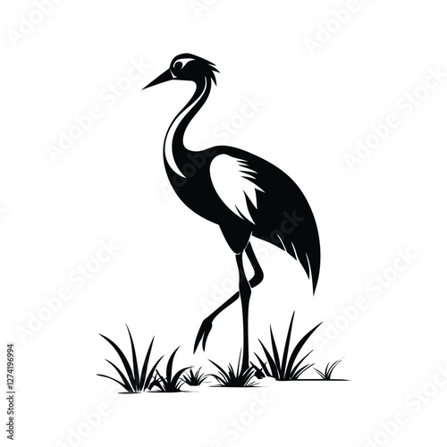 heron, icon symbol, crane - bird, bird, animal, black and white, water bird, egret, stork, beak, vector.