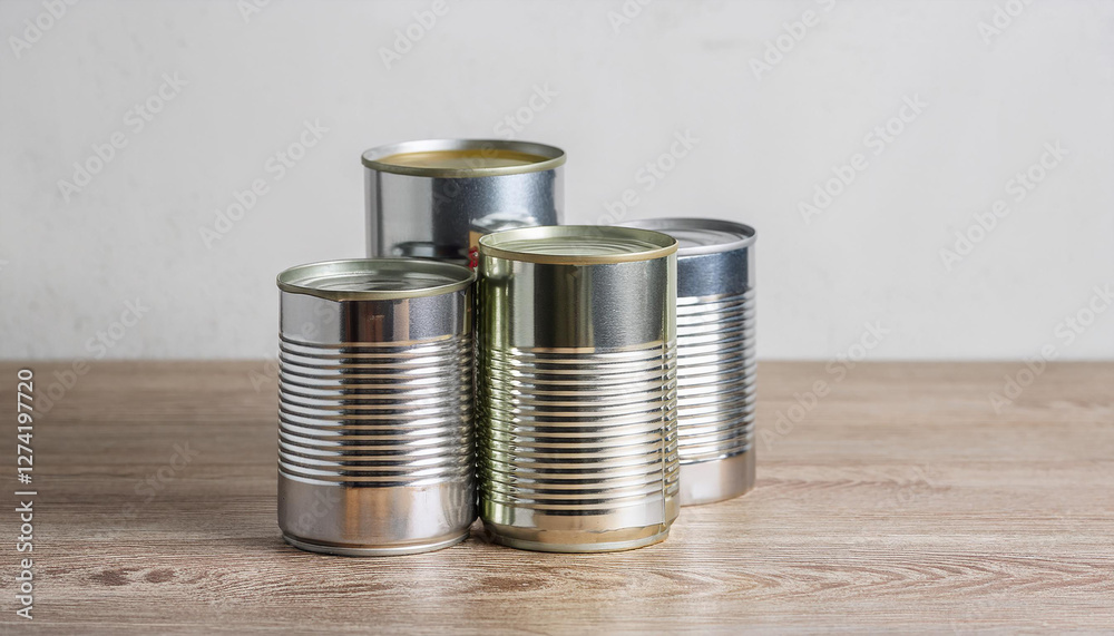 Aluminum cans of canned goods on wooden table, light wall backdrop. Food preservation. Aluminum cans of canned goods on wooden table, light wall backdrop. Food preservation.