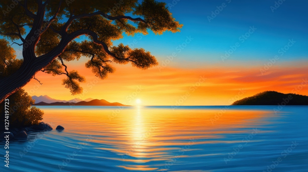 A breathtaking sunset over a tranquil lake, with vibrant colors reflecting on the water, surrounded by serene mountains A breathtaking sunset over a tranquil lake, with vibrant colors reflecting on the water, surrounded by serene mountains