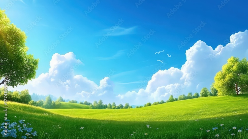 Fototapeta premium A vibrant landscape featuring lush green fields under a bright blue sky, dotted with fluffy white clouds. A serene environment perfect for relaxation and outdoor activities.