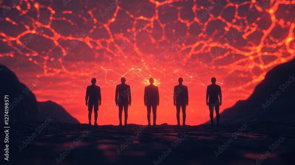 Fototapeta premium Silhouetted Figures Against a Dramatic Mountainous Landscape at Sunset