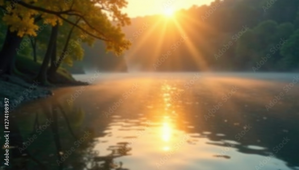 Obraz premium Soft golden light with subtle bokeh blur on a serene lake at dawn, bokeh, lake