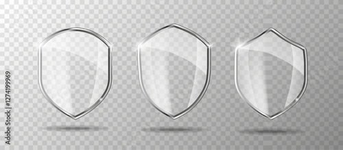 Glass screen set. Protection shield concept. Security badge icon. Privacy banner shield. Security label.
