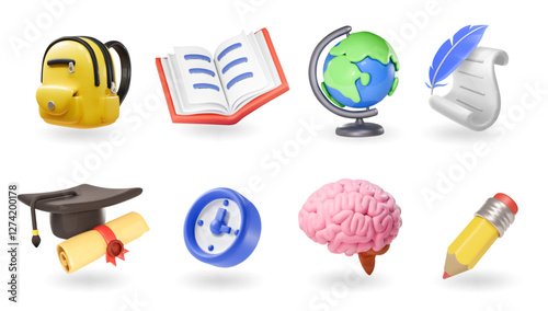 School and education icons. Back to school collection 3d render vector set. Graduation cap, school bag, globe, open book,brain, pencil, diploma. Online class concept