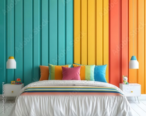 Colorful kids room with rainbowthemed bedding, bold wall art, playful furniture, and bright lighting photo