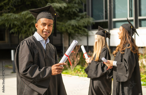 Happy college afro american student showing his diploma outdoors with colleagues