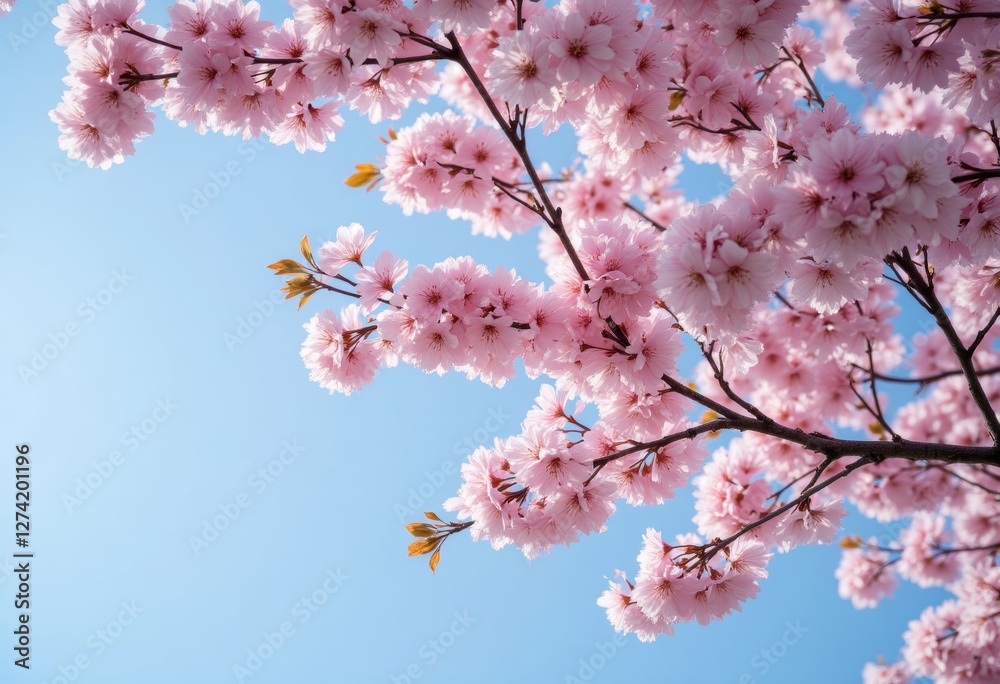Obraz premium Pink Cherry Blossoms Against Pale Blue Sky