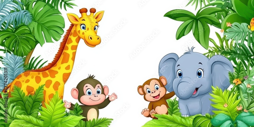 Naklejka premium Cute jungle animals giraffe, elephant, monkeys. Tropical leaves background. Children's book illustration