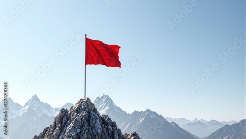 Triumphant red flag waving atop mountain summit