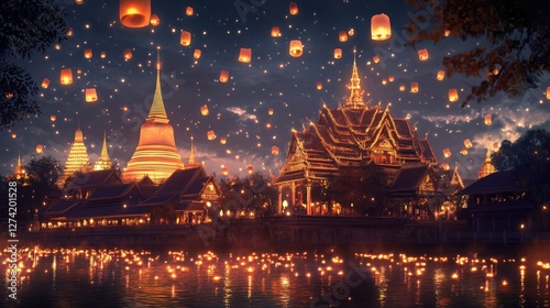 A stunning night scene featuring floating lanterns over a serene river, illuminated temples, and a beautiful sky filled with lights.