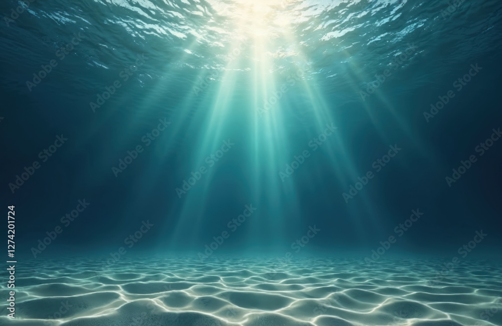 Dramatic underwater view with sunbeams shining through ocean water. Sunlight rays through surface creating refraction. Tropical sea scene. Underwater sand with wave pattern, texture. Mystique of deep Dramatic underwater view with sunbeams shining through ocean water. Sunlight rays through surface creating refraction. Tropical sea scene. Underwater sand with wave pattern, texture. Mystique of deep
