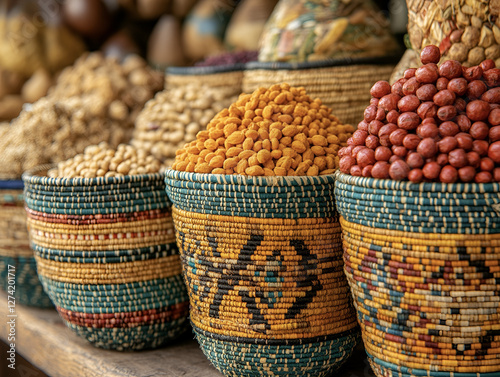 Handcrafted baskets filled with colorful beans and grains at African market
